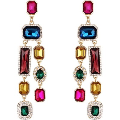 Vintage Rectangle Teardrop Chandelier Earrings, Art Deco Wedding Austrian Crystal Drop Dangle Earrings for Women Party Prom