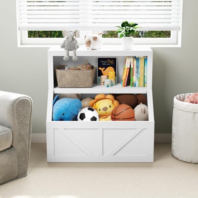 Kids Bookshelf and Toy Storage, 2 Tier Toy Organizer with Storage Cabinet, Toddler 2 Shelf Bookcase for Playroom,