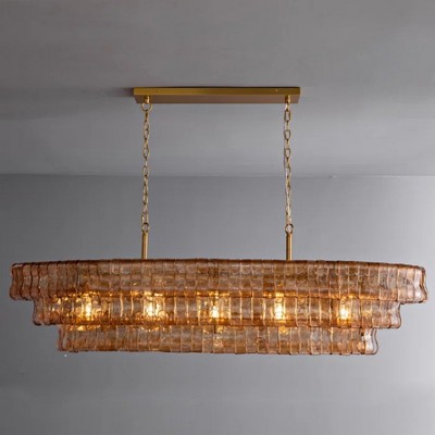 53.7" 5-Lights Large Tiered Rectangle Gold Chandelier with Smoke Glass Shade