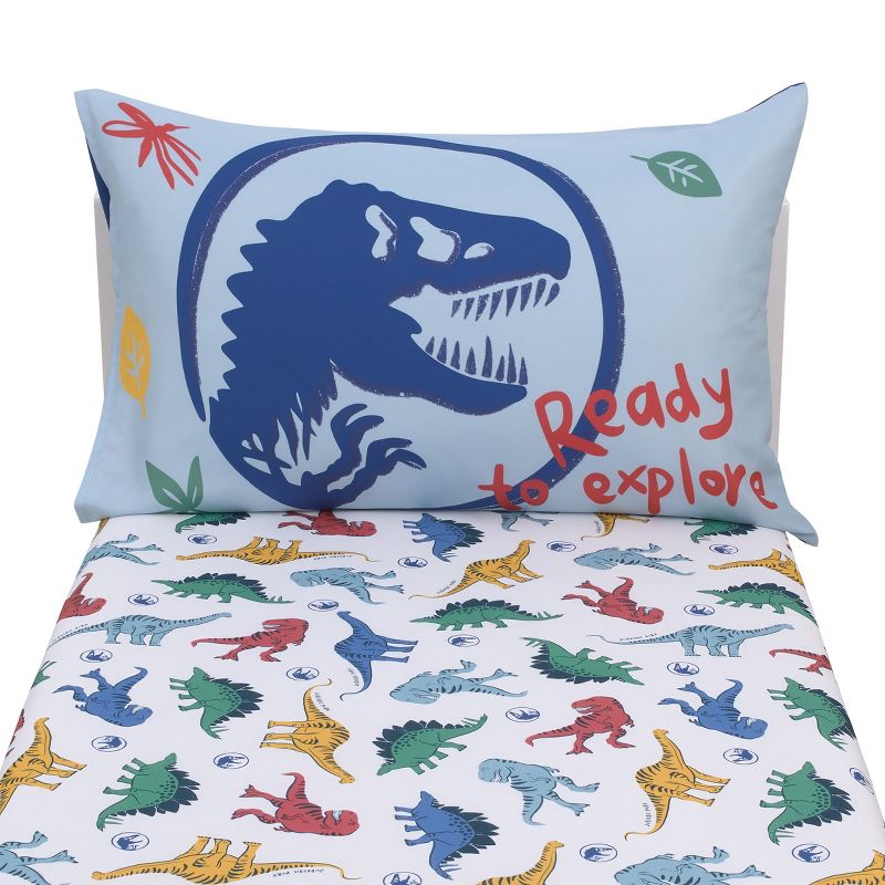 Universal Jurassic World Wild and Free Blue, Green, and Yellow 2 Piece Toddler Sheet Set - Fitted Bottom Sheet and Reversible Pillowcase, 5 of 7