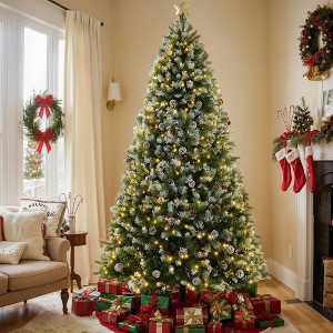 KRISRATE 6FT/7.5ft Pre-lit Christmas Tree, Snow Flocked Artificial Christmas Tree with 51/80 Pinecones &756/1346 PVC Branch Tips & 250/550 Warm Lights - 1 of 4
