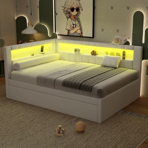 Full Size Upholstered Platform Bed with Trundle, USB Ports and LED Belt - 1 of 4