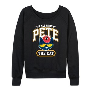 Women's - Pete the Cat - It's All Groovy Collegiate Lightweight French Terry Wide Neck Long Sleeve Shirt - 1 of 4