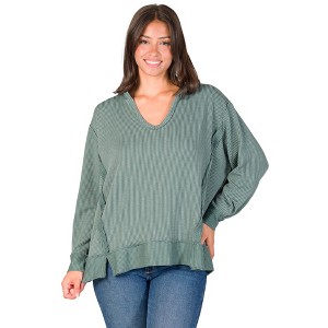24seven Comfort Apparel Relaxed Fit Ribbed Knit V Neck Sweatshirt Top - 1 of 4