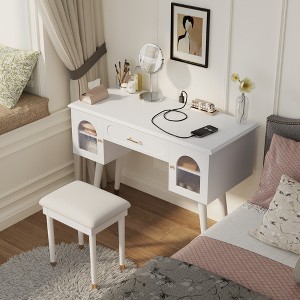 KTMBDW Elegant Vanity Makeup Table & Chair Set, Modern Dressing Table with Drawer and Cabinet, Makeup Vanity Desk for Bedroom, Dressing Room - 1 of 4