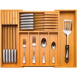 Utensil Organizer for Kitchen Drawer - Bamboo Expandable Silverware Organizer, Utensil Holder and Cutlery Tray with Divider and Removable Knife Block - 1 of 4
