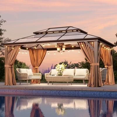 Aoxun 12 x 16Ft Hardtop Gazebo with Polycarbonate Double Roof, Aluminum Frame, Curtains & Netting