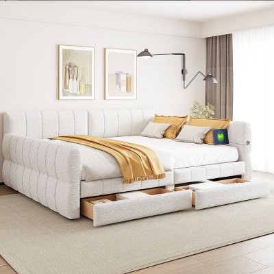 2-Drawer Queen Upholstered Bed Frame with USB Charging Port, Lambswool Fabric and Wood Slats, No Box Spring Needed - Baofuwish