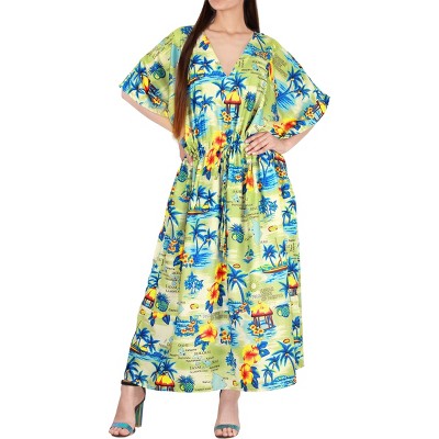 LA LEELA Women's House Daily Routine Evening Wear Loungewear Casual Long Kaftan Cover Up Slit Dress Maxi Dresses Caftans for Women 2X-3X Beige, Floral