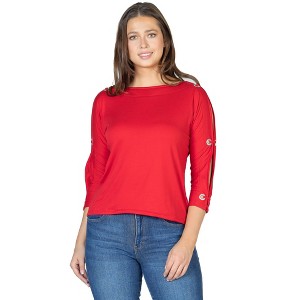 24seven Comfort Apparel Womens Three Quarter Sleeve Boatneck Cold Shoulder Top with Grommet Detail - 1 of 4