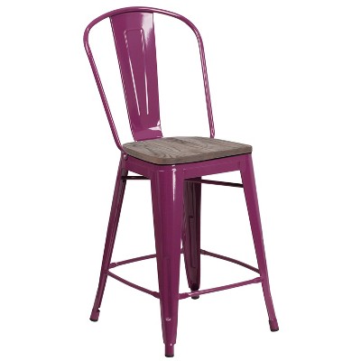 Flash Furniture 24" High Metal Counter Height Stool with Back and Wood Seat