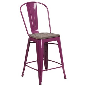 Merrick Lane 24" Metal Indoor-Outdoor Counter Stool with Vertical Slat Back, Integrated Footrest and Wood Seat - 1 of 4