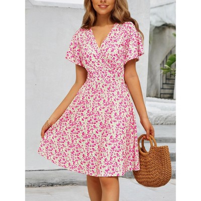 Women Summer Dress Wrap V Neck Short Sleeve Casual Floral Midi Dress