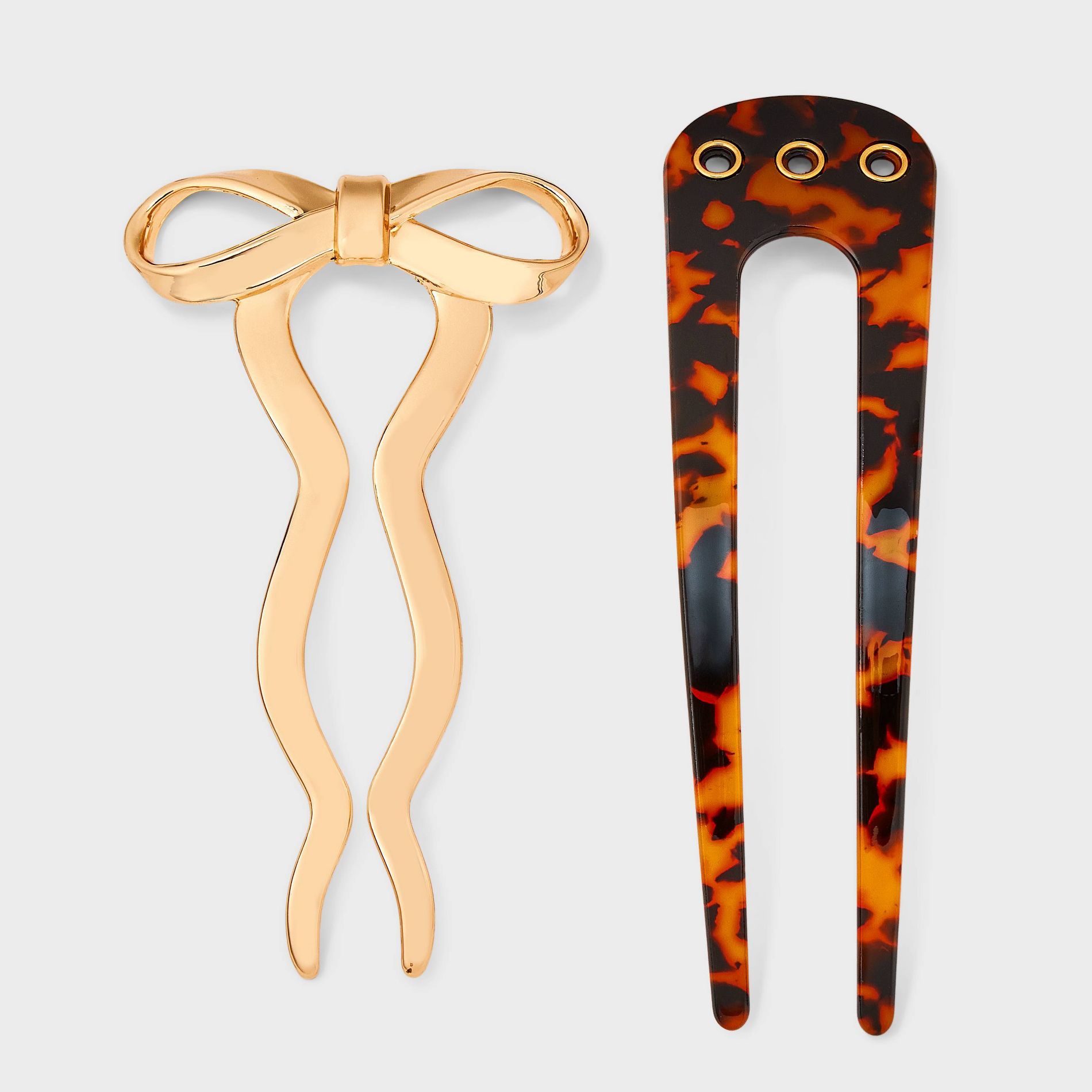 Acrylic & Metal Bow Stick Hair Pin Set 2pc - A New Day™ Gold/Tortoise