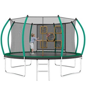 BestParts 14FT Round Trampoline with Ladder, Safety Net & Toss Target Game – Green Steel Frame - 1 of 4