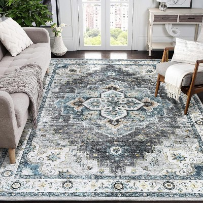Large Vintage Medallion Rug, Low Pile Non-Slip Washable Traditional Carpet for Living Room, Bedroom, Dining Room