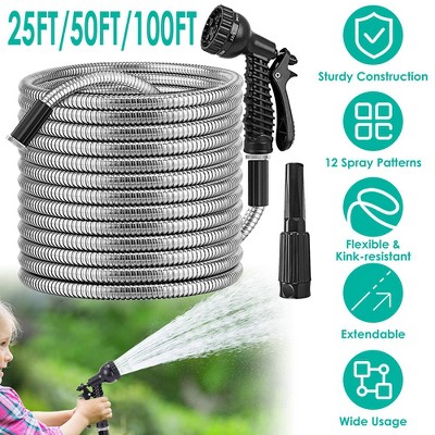 Heavy Duty Stainless Steel Garden Hose with Versatile Nozzles, 50FT Length