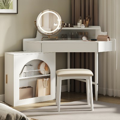 YONWAY Corner Makeup Vanity Desk With 3-Color LED Mirror, Modern Dressing Set, For Small Place, With Mirror And Stool White