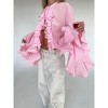 Women's Crew Neck Blouses Fashion Solid Button Collar Tops Throughout Ruffled Semi Open Front Long Bell Sleeve Shirts - 2 of 4