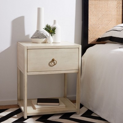 Antique White Acacia Wood Nightstand with Gold Accents