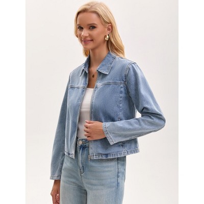INSPIRE CHIC Women's Long Sleeve Turndown Collar Pockets Lightweight Denim Cropped Bomber Jackets Large Light Blue — фото 2