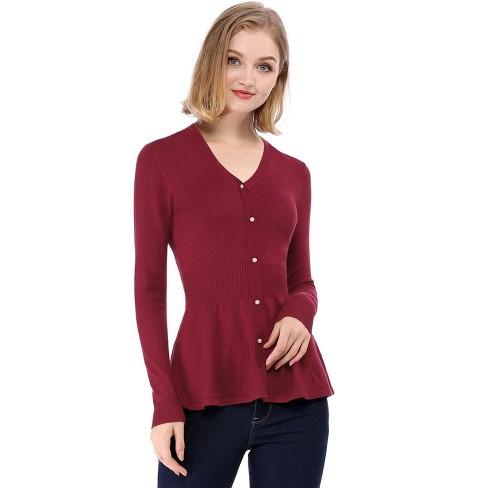 V Neck Long Sleeve Ribbed Pullover Knitted Peplum Sweater