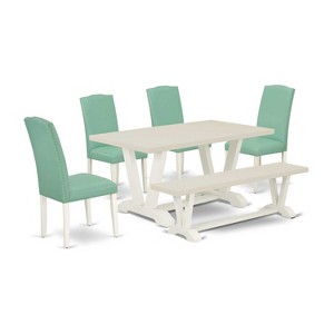 HomeStock 6-Piece Rectangle Wire Brushed Linen White Finish Solid Wood Top Dining Table with 1-Bench, 4-Chairs - 1 of 4