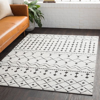 Black and Charcoal Geometric Shag 63" Wool Blend Rug