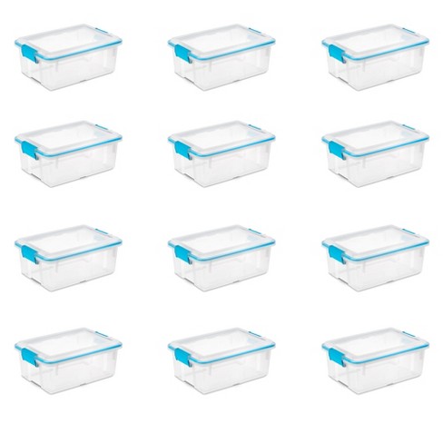 Sterilite 32 Qt Gasket Box, Stackable Storage Bin with Latching Lid and  Tight Seal Plastic Container to Organize Basement, Clear Base and Lid,  12-Pack