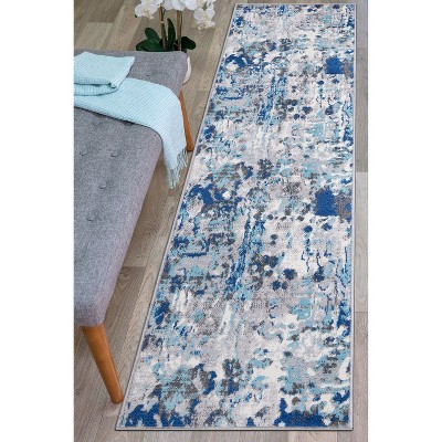 Durham Blue Abstract Synthetic Runner Rug 2' x 7'