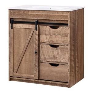 SinCiDo Bathroom Vanity with Sink, 30in Wide Farmhouse Bathroom Sink Cabinet with Sliding Barn Door & Drawers & Adjustable Shelves - 1 of 4