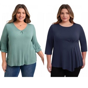 GRACE & GRANDEUR Women's Plus Size 2 Pcs Set 3/4 Sleeve Top and Waist Pleated Asymmetric Hem Blouses - 1 of 4