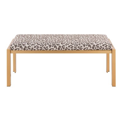 46" Beige Leopard Fabric Gold Metal Bench