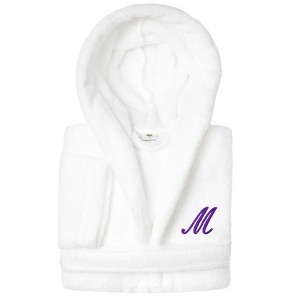 Personalized Linum Kids 100% Polyester SUPER PLUSH Double Brushed Hooded Bathrobe in Purple Script Font - 1 of 3