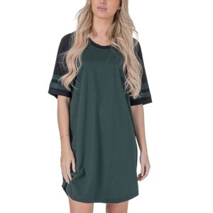 YafeMarte Women’s Short Sleeve Long Two Tone Nightshirt with Striped Sleeves and Pocket - 1 of 4