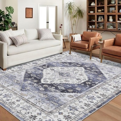 Vintage Rug, Washable, Non-Slip, Low Pile, Oriental Print, Soft and Foldable for Living Room, Dining Room, Bedroom, Office