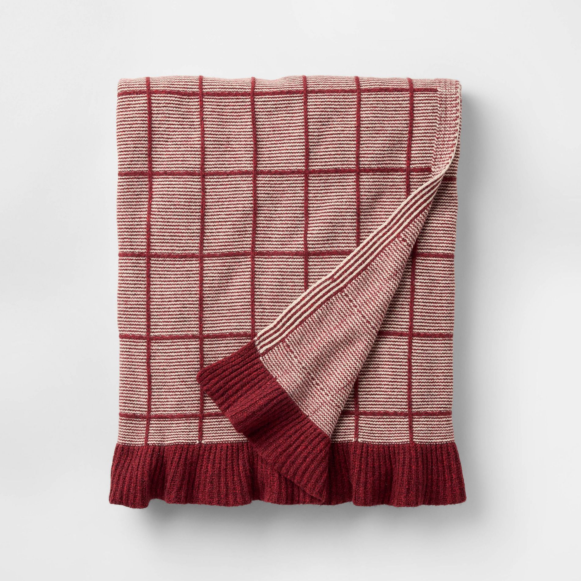 50"x60" Windowpane Plaid with Ruffle Throw Blanket Burgundy - Threshold™ designed with Studio McGee