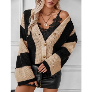 WhizMax Womens Loose Long Sleeve Rainbow Striped Cardigans Sweater Boho Color Block Chunky Knitted Tops - 1 of 4