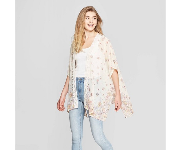 Sheer Lace Trim Kimono Cardigan