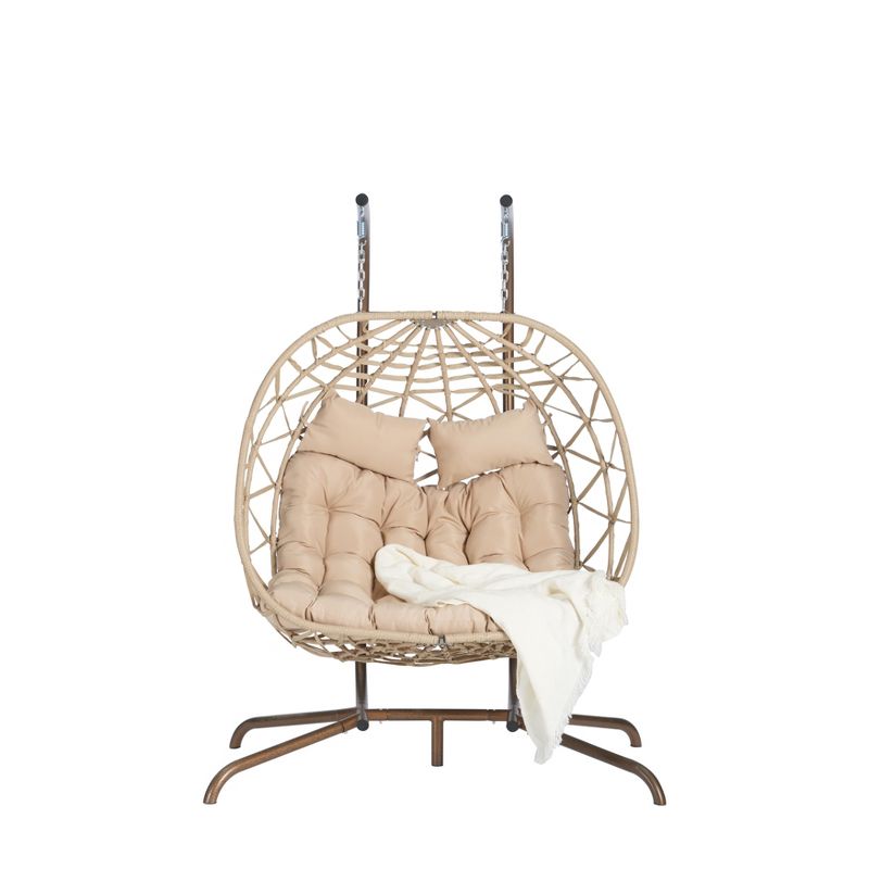 2-Person Outdoor Patio Hanging Wicker Egg Chair with Cushion and Headrest, Rattan Hanging Chair 4A - ModernLuxe, 4 of 10