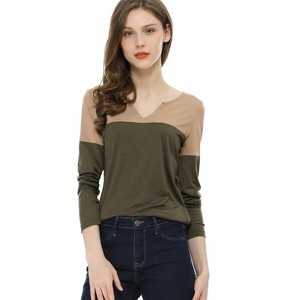 Allegra K Women's Casual Color Block Stretch Long Sleeves Split V-Neck T-Shirt - 1 of 4