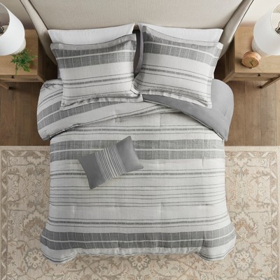 4 Pcs Stripes Print Comforter Set, All Season Cotton Poly Slub Fabric Cozy Home Textile fits Modern Bedroom Decor