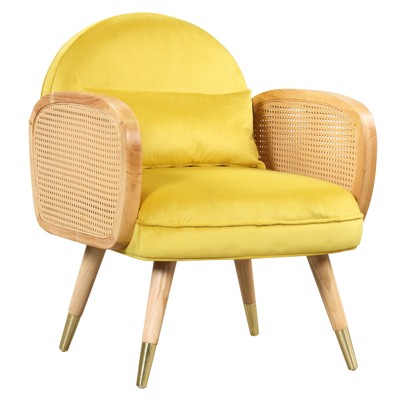 Dining Chairs Upholstered Soft Foam Backrest Cushions Chairs with Metal Legs Rattan Armrest Accent Rattan Chair for Living Room, Yellow