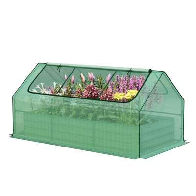 Aoodor 6 x 3 x 1 ft Raised Garden Bed with Mini Greenhouse Kit, Metal Planter Box with 2 Roll-Up Zipper Doors for Vegetables, Herbs, and Flowers