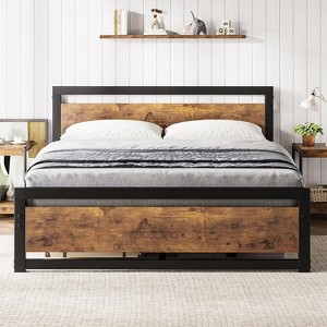 DobleePy Full Brown Storage Bed Frame with Headboard, 4 Drawers, LED Light & Charging Ports, Metal Platform, No Box Spring Needed - 1 of 4