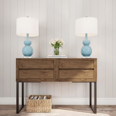 Set of 2 Blue Ceramic Double Gourd Table Lamps with Ivory Shades
