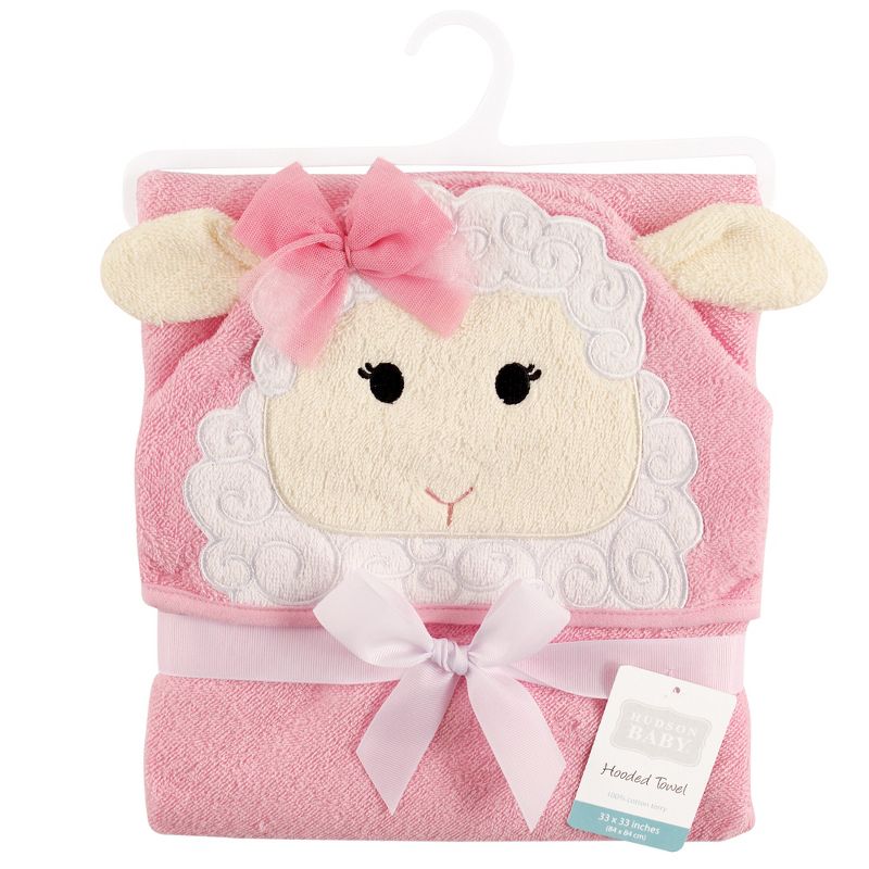 Hudson Baby Infant Girl Cotton Animal Face Hooded Towel, Lamb, One Size, 3 of 4