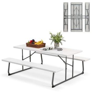 Costway Folding Picnic Table with 2 Benches All Weather Wood-like Tabletop Umbrella Hole Black/Grey/Green/White
