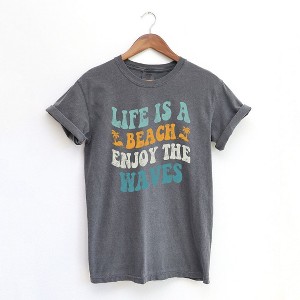 Simply Sage Market Women's Enjoy The Waves Distressed Short Sleeve Garment Dyed Tee - 1 of 3