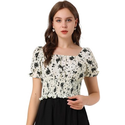INSPIRE CHIC Women's Floral Print Square Neck Puff Sleeve Smocked Blouse